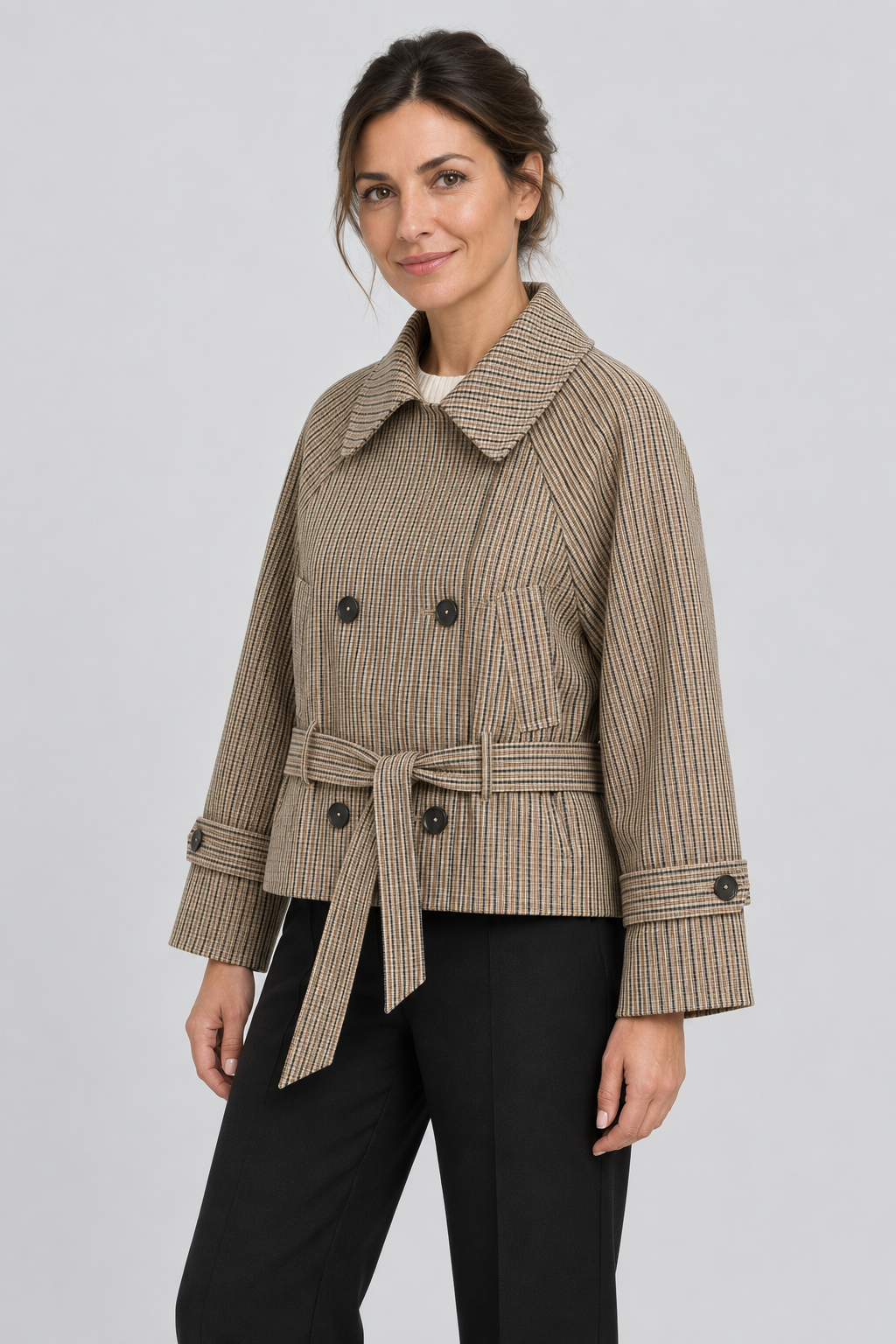 Plaid Short Trench Coat Double-Breasted Cropped Pea Coat Belted Casual Fall Jacket