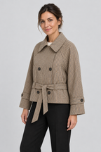 Plaid Short Trench Coat Double-Breasted Cropped Pea Coat Belted Casual Fall Jacket