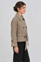 Plaid Short Trench Coat Double-Breasted Cropped Pea Coat Belted Casual Fall Jacket