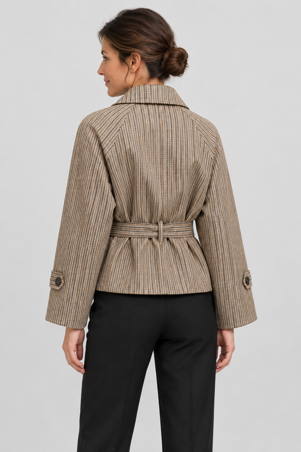 Plaid Short Trench Coat Double-Breasted Cropped Pea Coat Belted Casual Fall Jacket