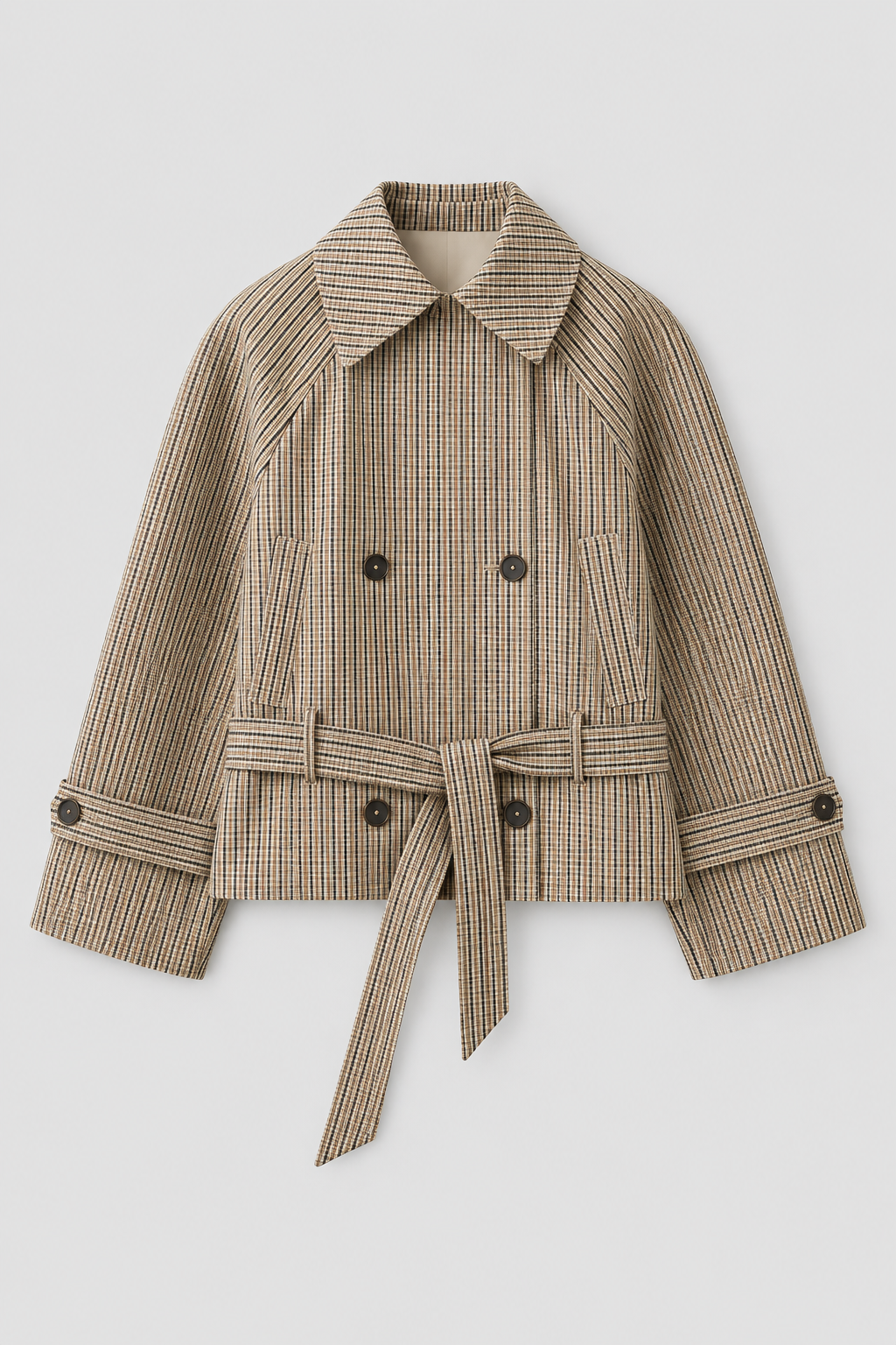 Plaid Short Trench Coat Double-Breasted Cropped Pea Coat Belted Casual Fall Jacket