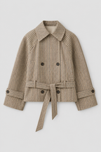 Plaid Short Trench Coat Double-Breasted Cropped Pea Coat Belted Casual Fall Jacket