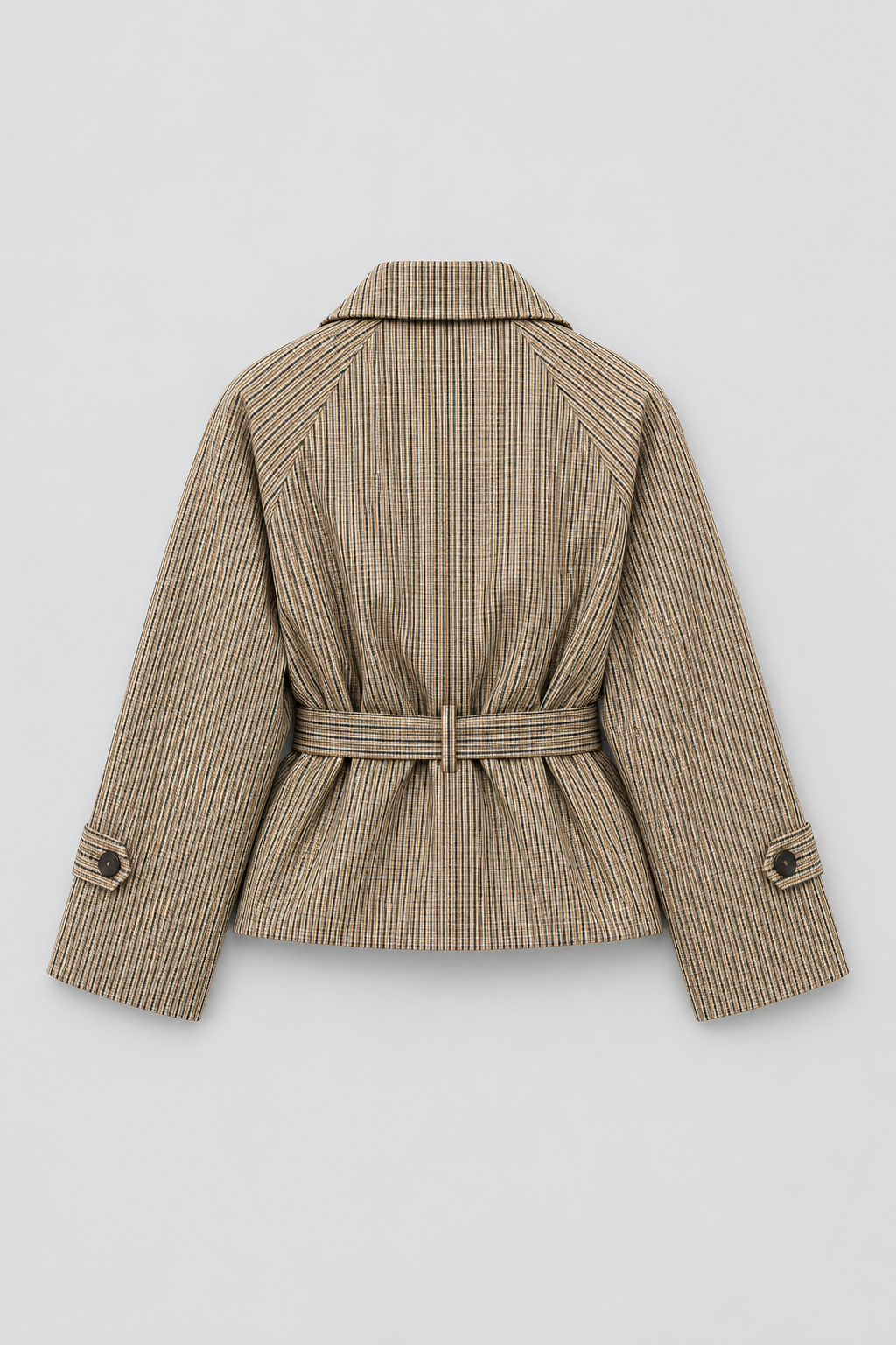 Plaid Short Trench Coat Double-Breasted Cropped Pea Coat Belted Casual Fall Jacket