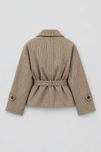 Plaid Short Trench Coat Double-Breasted Cropped Pea Coat Belted Casual Fall Jacket