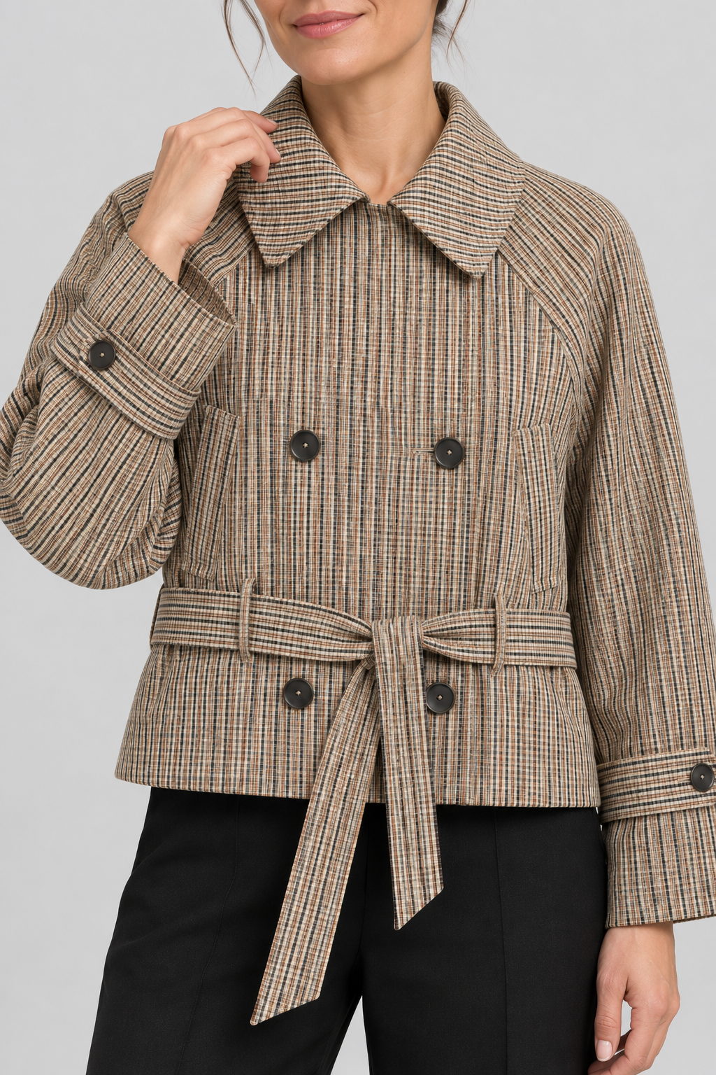 Plaid Short Trench Coat Double-Breasted Cropped Pea Coat Belted Casual Fall Jacket