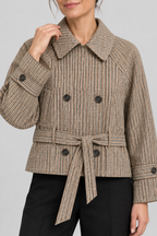 Plaid Short Trench Coat Double-Breasted Cropped Pea Coat Belted Casual Fall Jacket