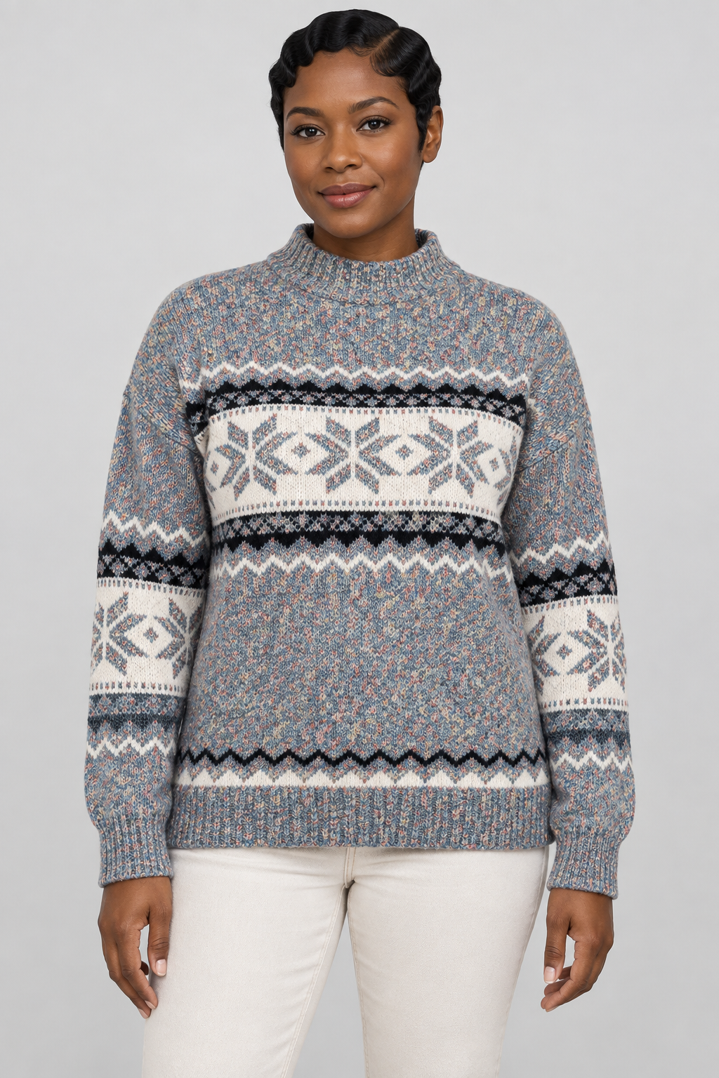 Pull col montant Fair Isle Motif flocon de neige nordique Tricot pull Hiver Fêtes Manches longues