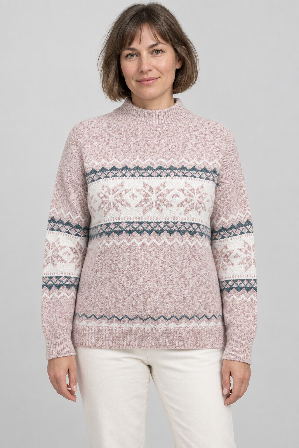 Pull col montant Fair Isle Motif flocon de neige nordique Tricot pull Hiver Fêtes Manches longues