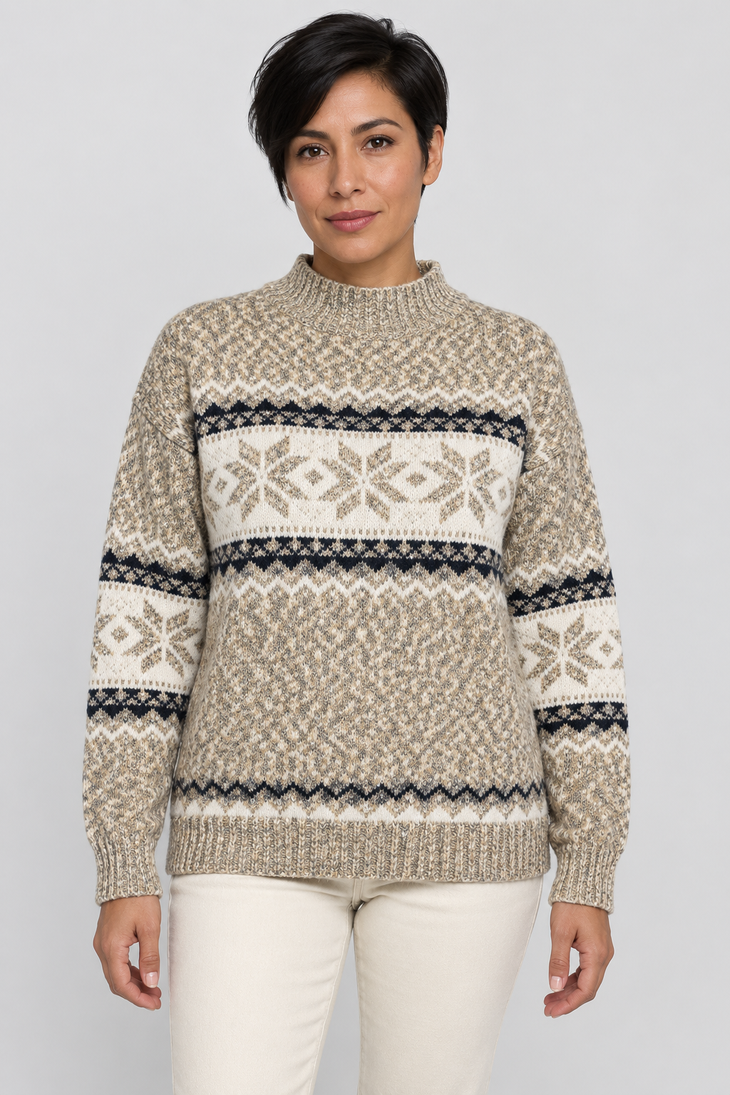 Pull col montant Fair Isle Motif flocon de neige nordique Tricot pull Hiver Fêtes Manches longues