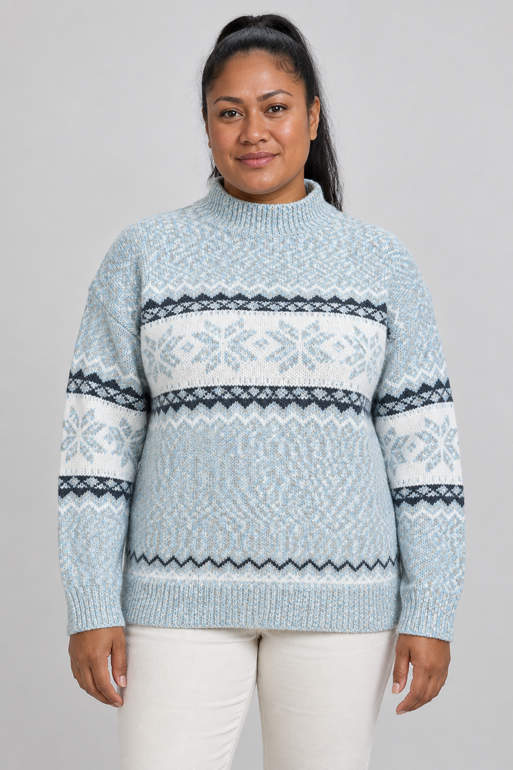 Pull col montant Fair Isle Motif flocon de neige nordique Tricot pull Hiver Fêtes Manches longues