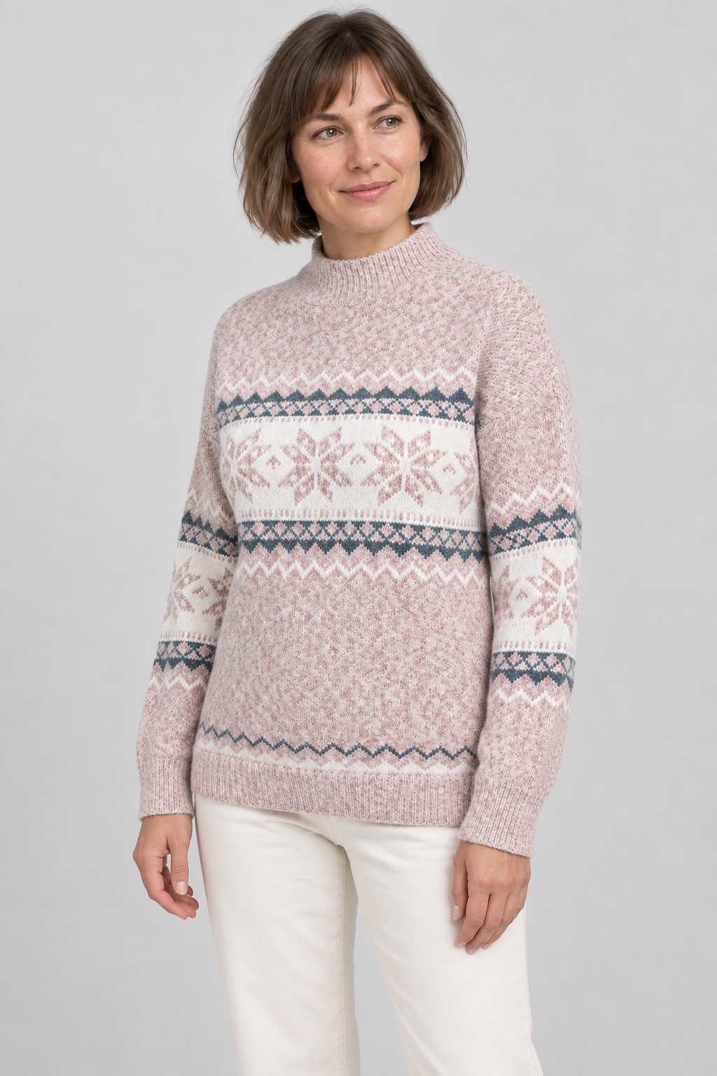 Pull col montant Fair Isle Motif flocon de neige nordique Tricot pull Hiver Fêtes Manches longues