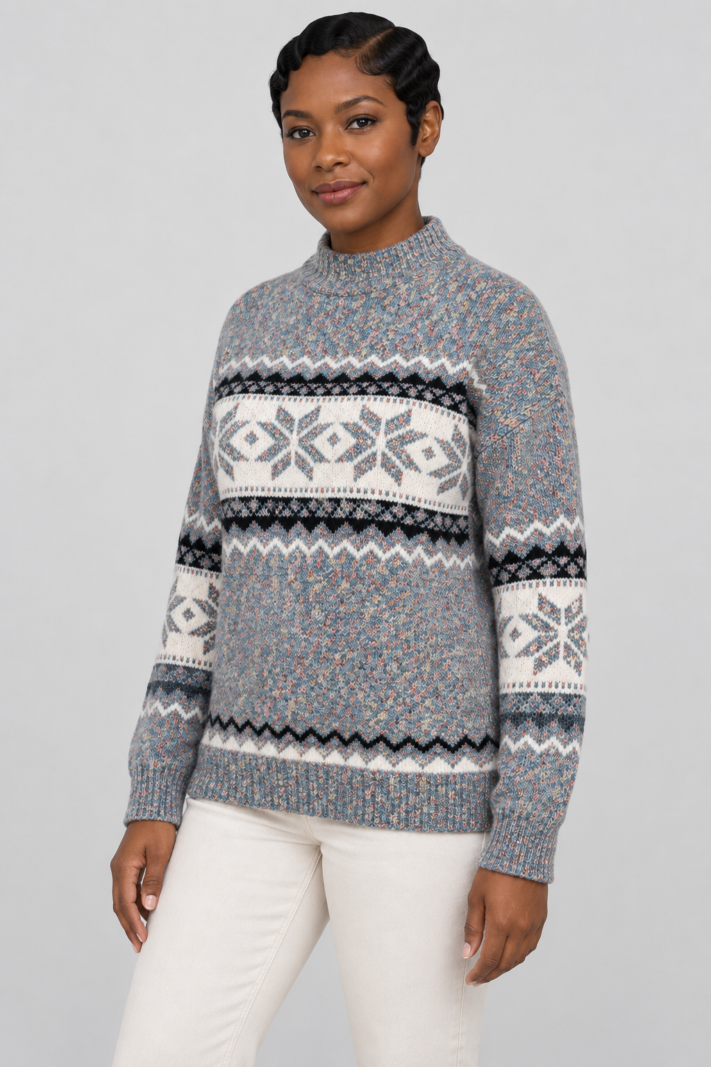 Pull col montant Fair Isle Motif flocon de neige nordique Tricot pull Hiver Fêtes Manches longues