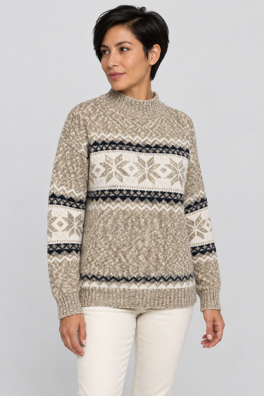Pull col montant Fair Isle Motif flocon de neige nordique Tricot pull Hiver Fêtes Manches longues