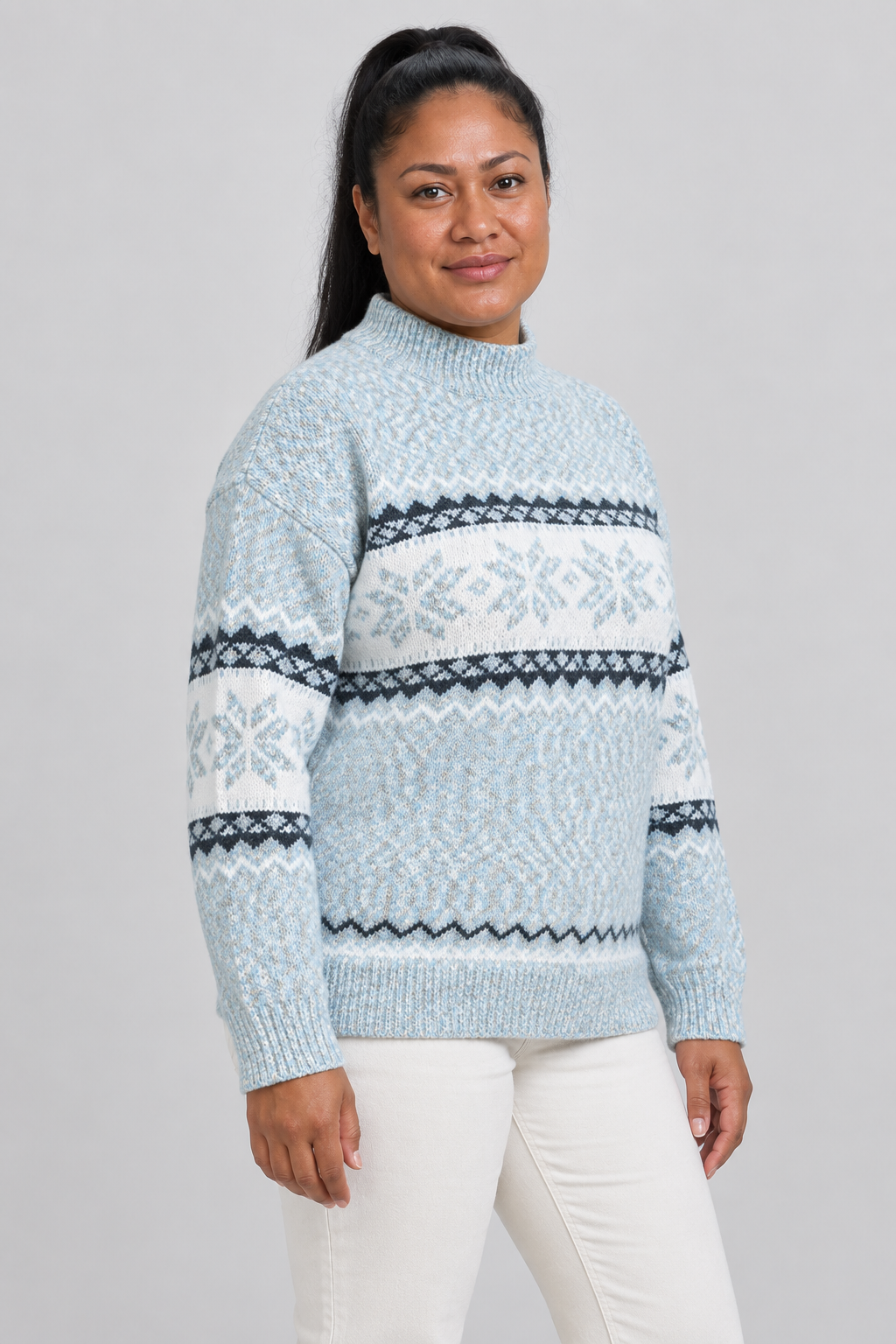 Pull col montant Fair Isle Motif flocon de neige nordique Tricot pull Hiver Fêtes Manches longues