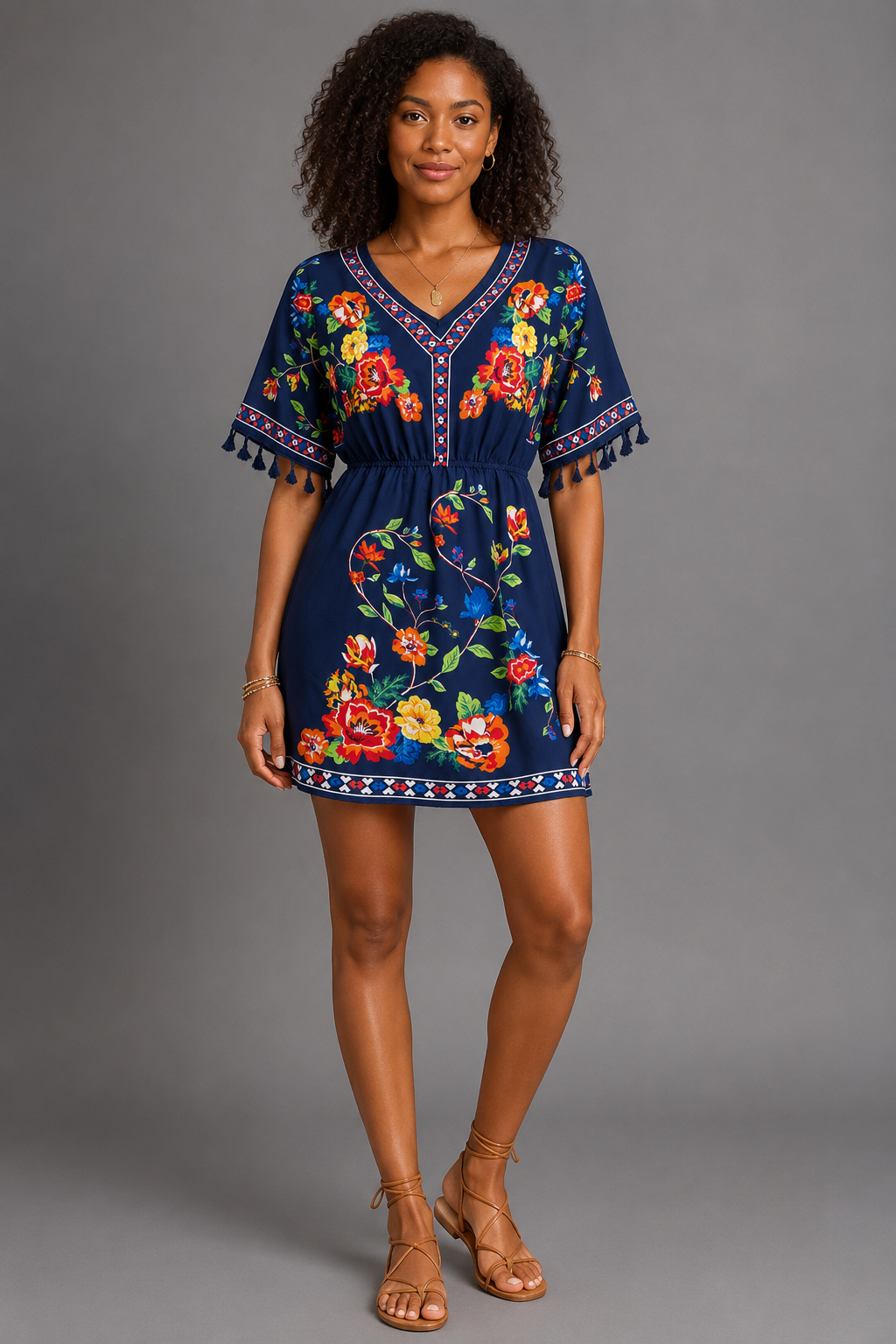Floral Print Boho Mini Dress – Casual V-Neck Tassel Sleeve Elastic Waist Sundress - Luxxella