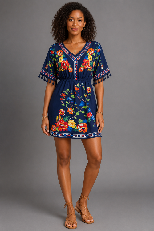 Floral Print Boho Mini Dress – Casual V-Neck Tassel Sleeve Elastic Waist Sundress - Luxxella