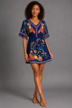 Floral Print Boho Mini Dress – Casual V-Neck Tassel Sleeve Elastic Waist Sundress - Luxxella