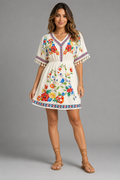 Floral Print Boho Mini Dress – Casual V-Neck Tassel Sleeve Elastic Waist Sundress - Luxxella