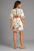 Floral Print Boho Mini Dress – Casual V-Neck Tassel Sleeve Elastic Waist Sundress - Luxxella