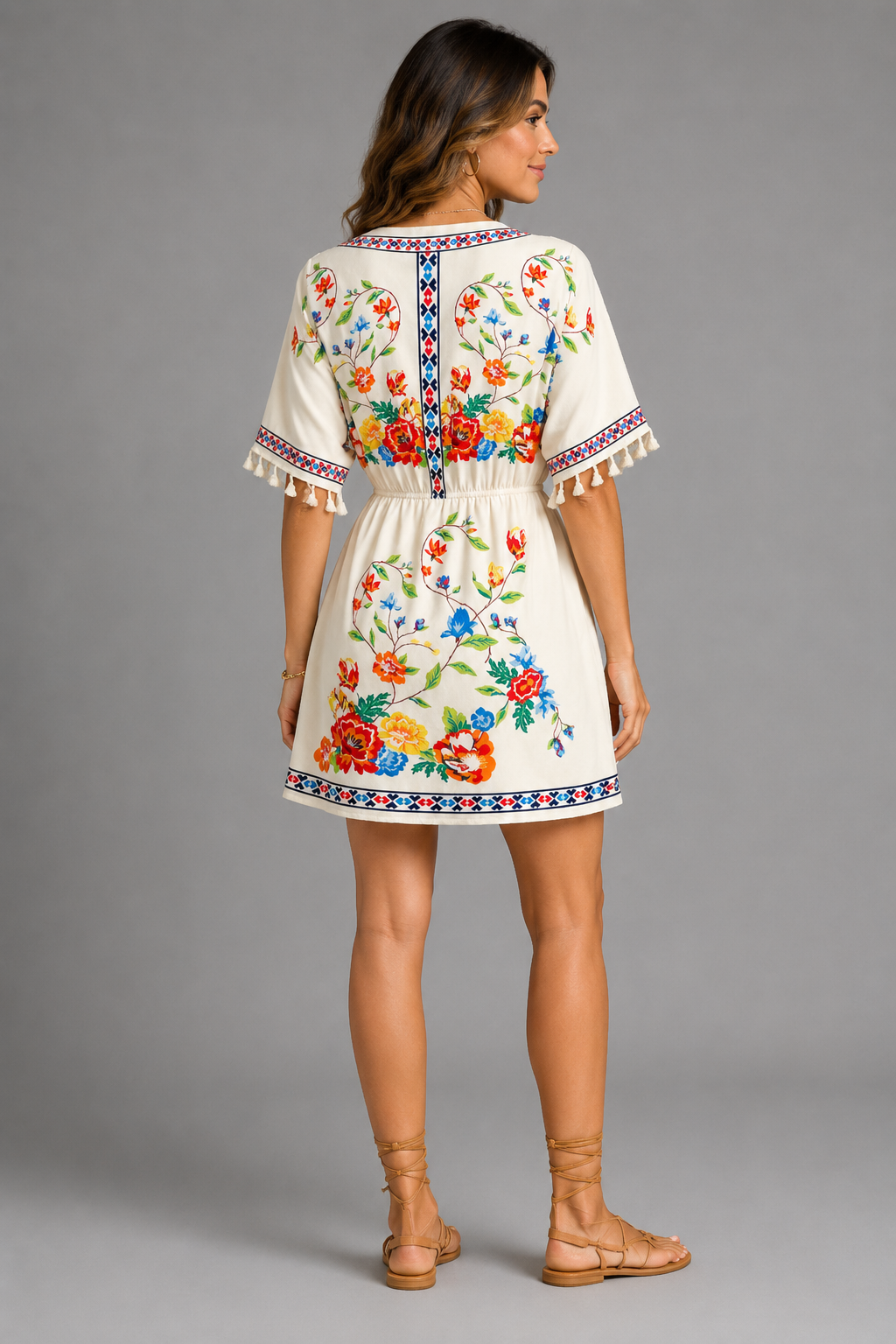 Floral Print Boho Mini Dress – Casual V-Neck Tassel Sleeve Elastic Waist Sundress - Luxxella