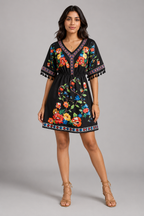 Floral Print Boho Mini Dress – Casual V-Neck Tassel Sleeve Elastic Waist Sundress - Luxxella