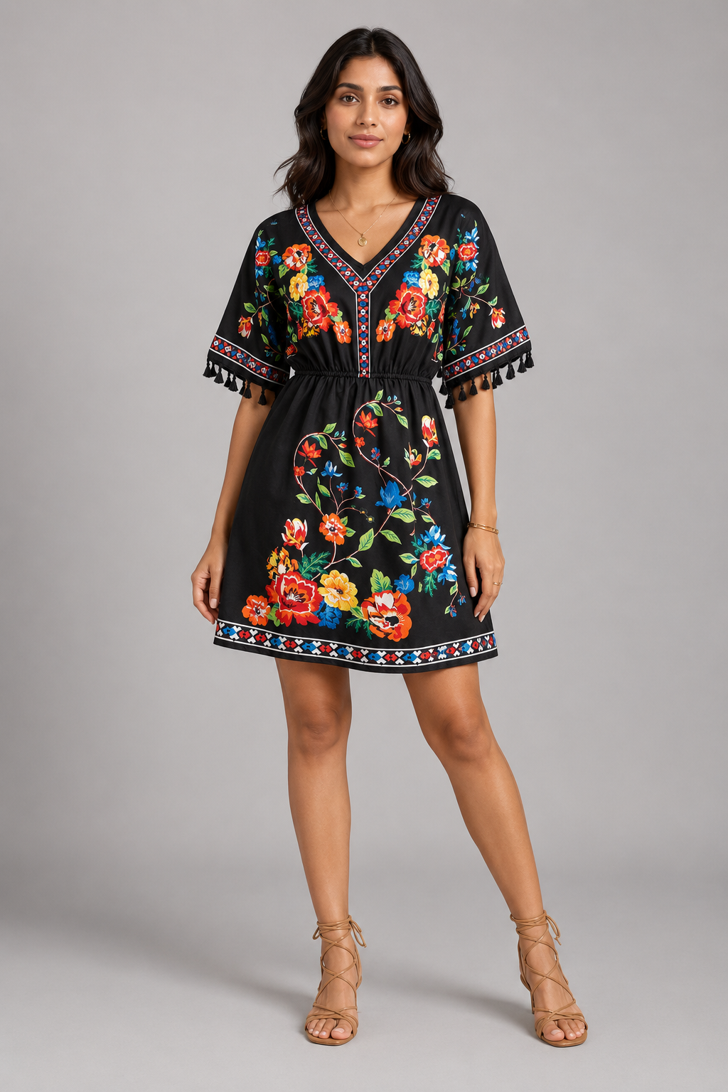 Floral Print Boho Mini Dress – Casual V-Neck Tassel Sleeve Elastic Waist Sundress - Luxxella
