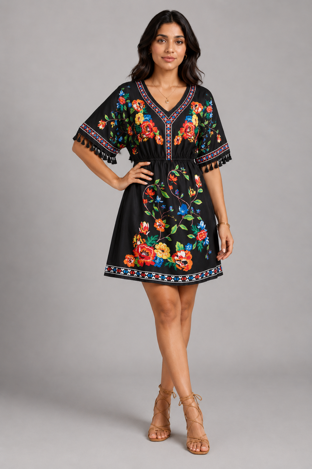 Floral Print Boho Mini Dress – Casual V-Neck Tassel Sleeve Elastic Waist Sundress - Luxxella