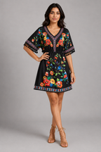 Floral Print Boho Mini Dress – Casual V-Neck Tassel Sleeve Elastic Waist Sundress - Luxxella