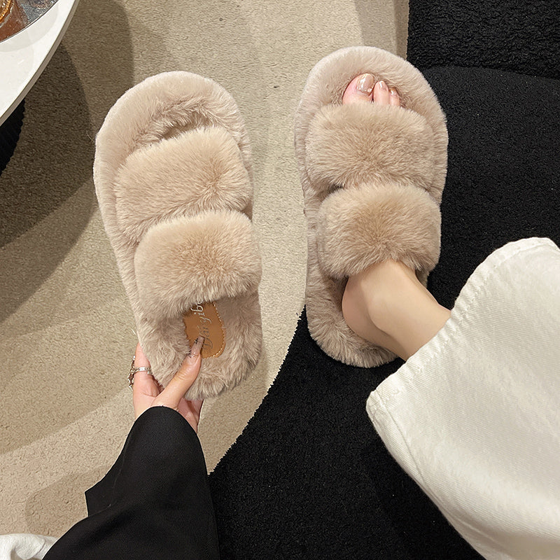 Premium Faux Fur Slippers – Thick 7 cm Sole, Open‑Toe Comfy Style - Luxxella