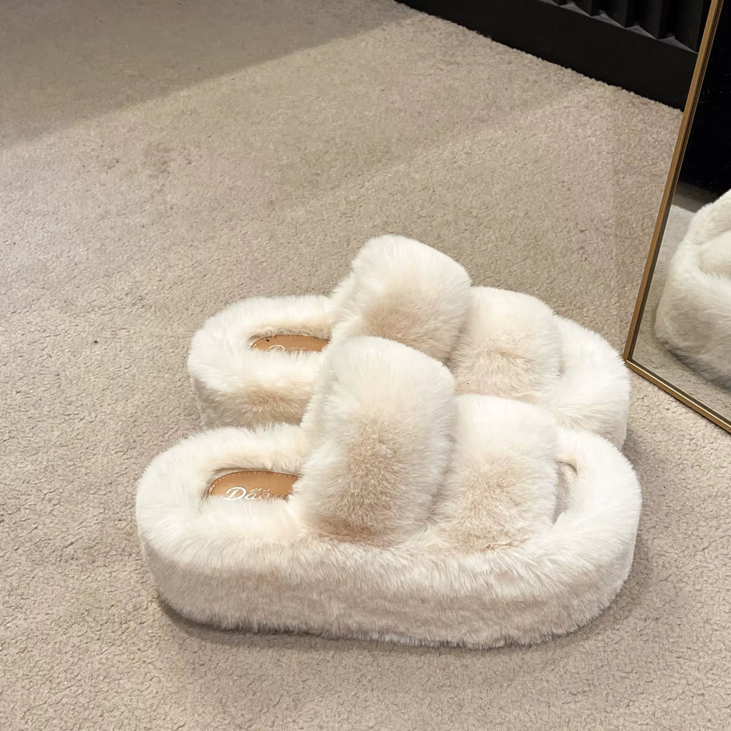 Premium Faux Fur Slippers – Thick 7 cm Sole, Open‑Toe Comfy Style - Luxxella