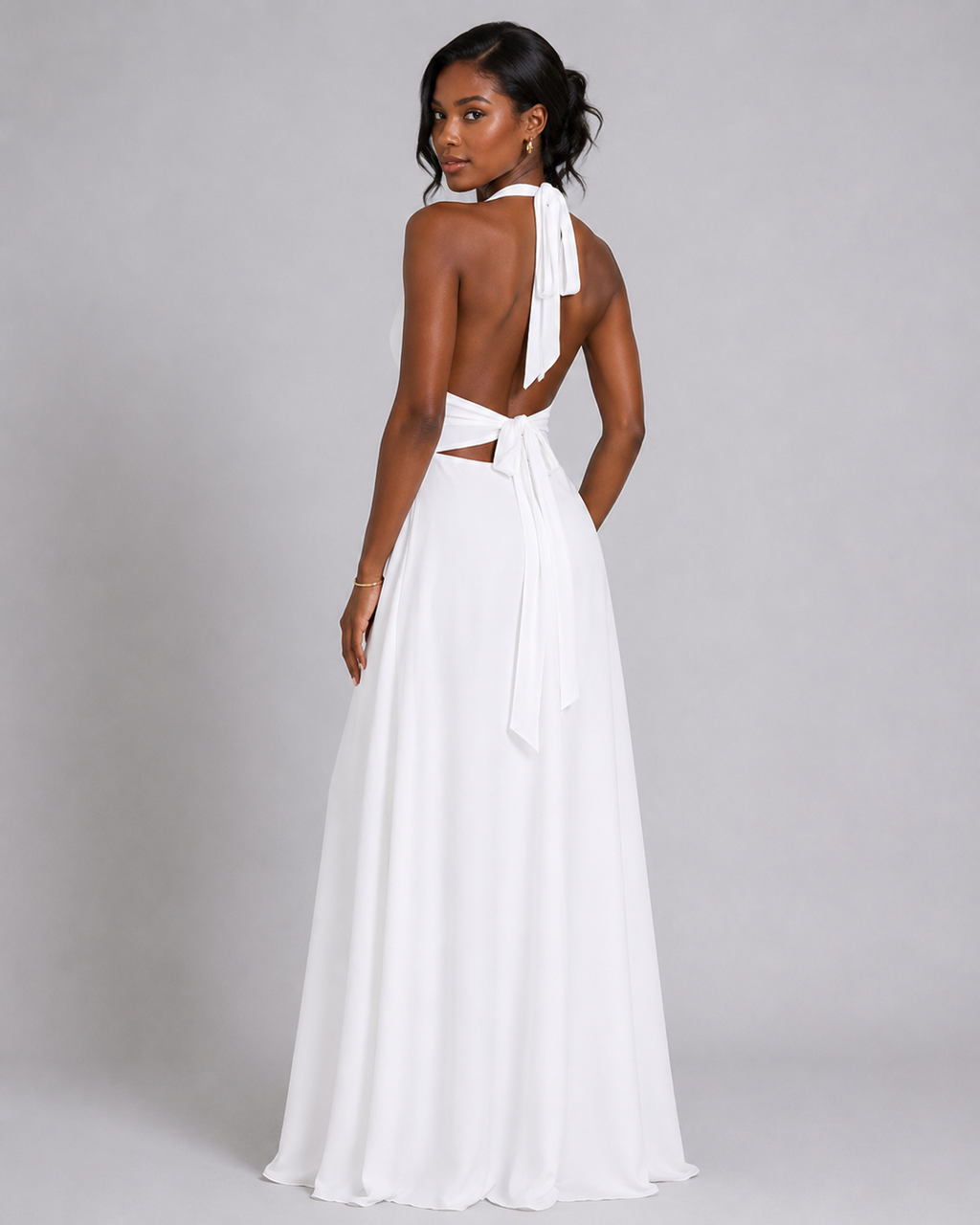 Halter Plunge V-Neck Maxi Dress – Elegant High Slit Backless Evening Gown - Luxxella