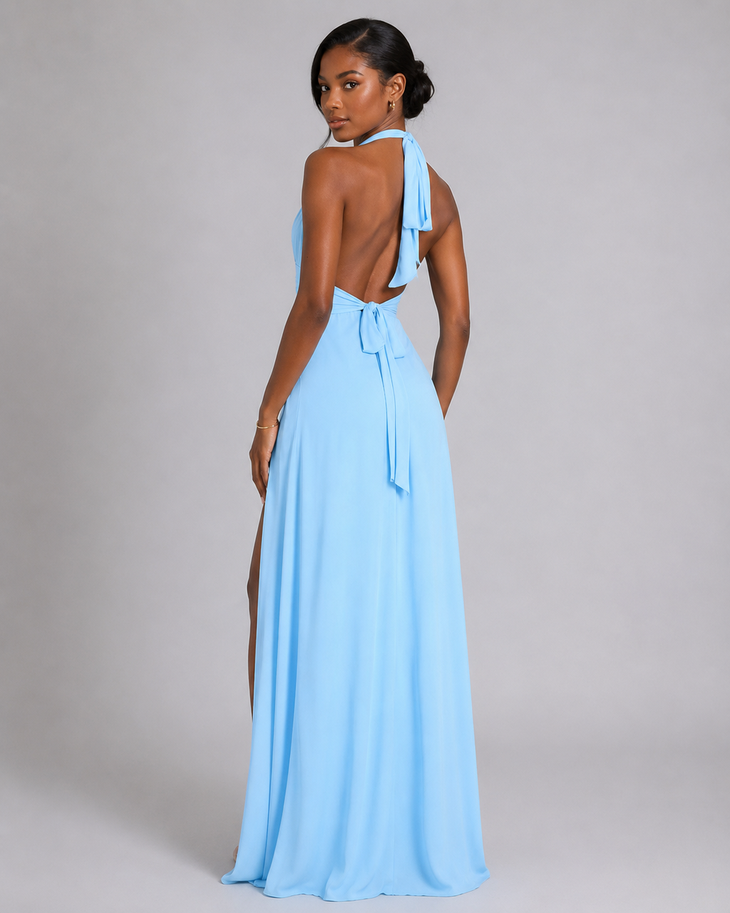 Halter Plunge V-Neck Maxi Dress – Elegant High Slit Backless Evening Gown - Luxxella