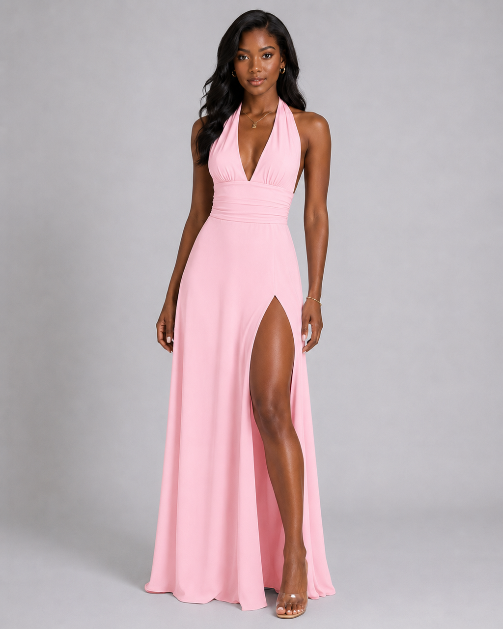 Halter Plunge V-Neck Maxi Dress – Elegant High Slit Backless Evening Gown - Luxxella