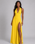 Halter Plunge V-Neck Maxi Dress – Elegant High Slit Backless Evening Gown - Luxxella