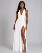 Halter Plunge V-Neck Maxi Dress – Elegant High Slit Backless Evening Gown - Luxxella