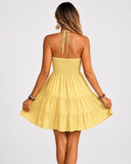 Halter V-Neck Backless Mini Dress – Ruched Tiered Flowy Summer Boho Sundress - Luxxella