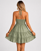 Halter V-Neck Backless Mini Dress – Ruched Tiered Flowy Summer Boho Sundress - Luxxella