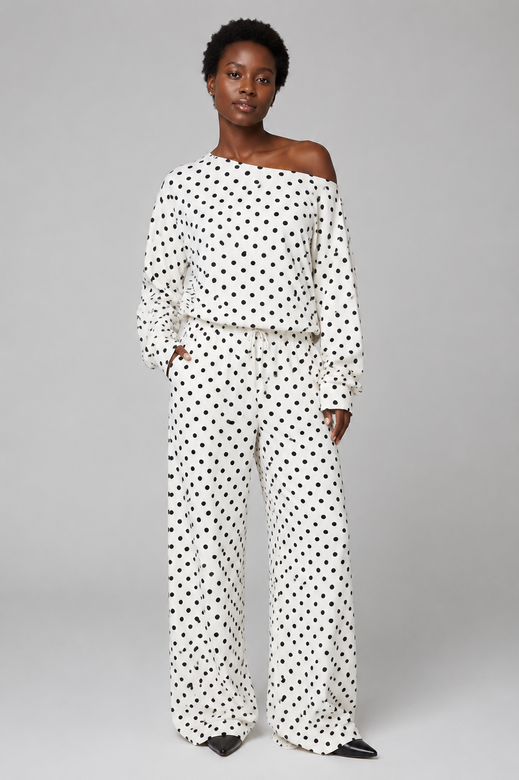 Women's Polka Dot 2-Piece Off Shoulder Sweatshirt and Wide Leg Pants Set Casual Lounge Tracksuit Comfy Sweatsuit