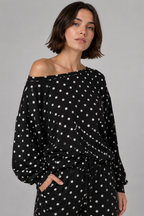 Women's Polka Dot 2-Piece Off Shoulder Sweatshirt and Wide Leg Pants Set Casual Lounge Tracksuit Comfy Sweatsuit