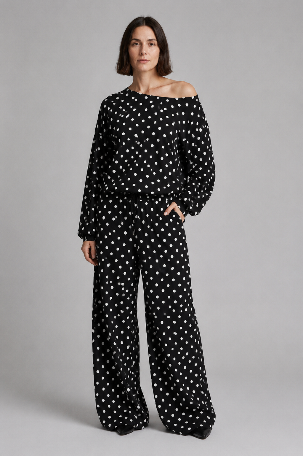 Women's Polka Dot 2-Piece Off Shoulder Sweatshirt and Wide Leg Pants Set Casual Lounge Tracksuit Comfy Sweatsuit
