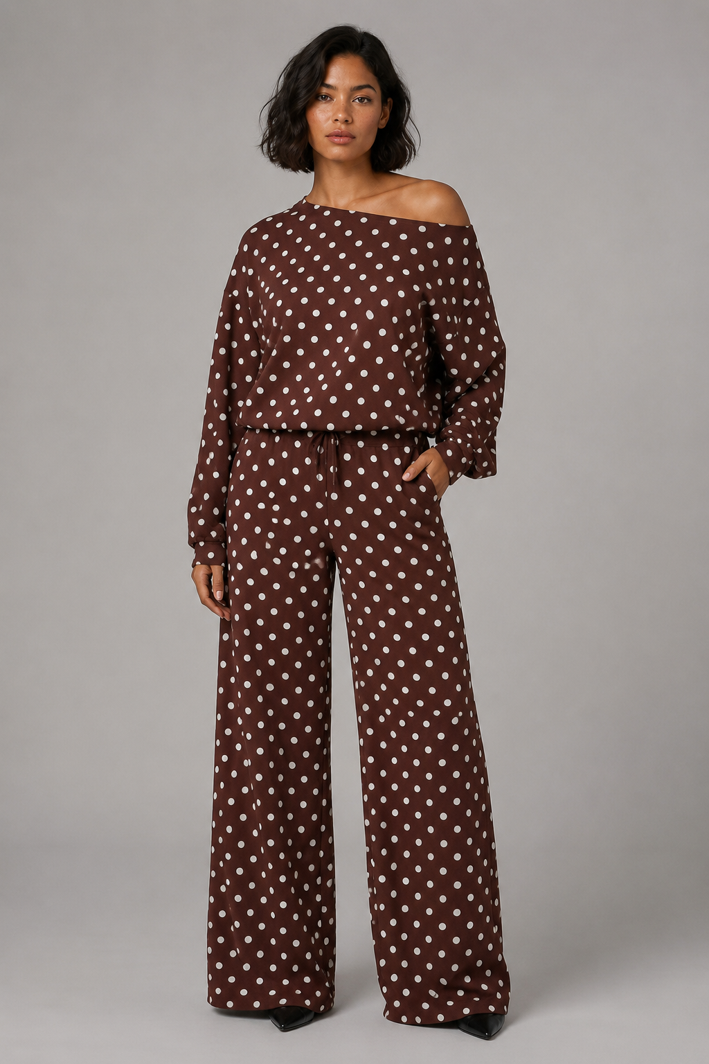 Women's Polka Dot 2-Piece Off Shoulder Sweatshirt and Wide Leg Pants Set Casual Lounge Tracksuit Comfy Sweatsuit