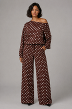 Women's Polka Dot 2-Piece Off Shoulder Sweatshirt and Wide Leg Pants Set Casual Lounge Tracksuit Comfy Sweatsuit