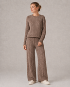 Damen Zopfmuster-Pullover aus Wolle mit Rundhalsausschnitt & Wide-Leg-Hose Lounge-Set — Warmer Winter-Trainingsanzug