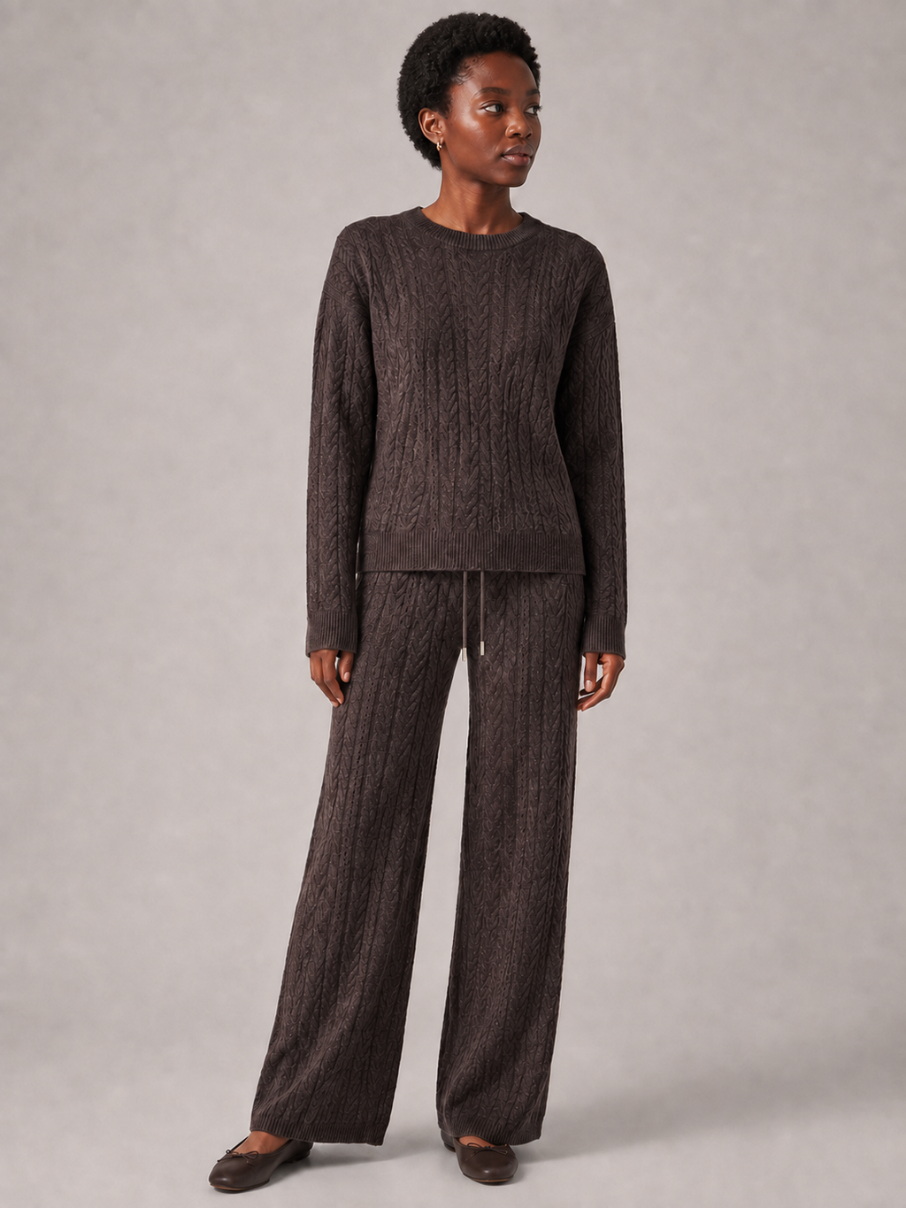 Damen Zopfmuster-Pullover aus Wolle mit Rundhalsausschnitt & Wide-Leg-Hose Lounge-Set — Warmer Winter-Trainingsanzug