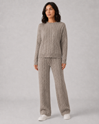 Damen Zopfmuster-Pullover aus Wolle mit Rundhalsausschnitt & Wide-Leg-Hose Lounge-Set — Warmer Winter-Trainingsanzug