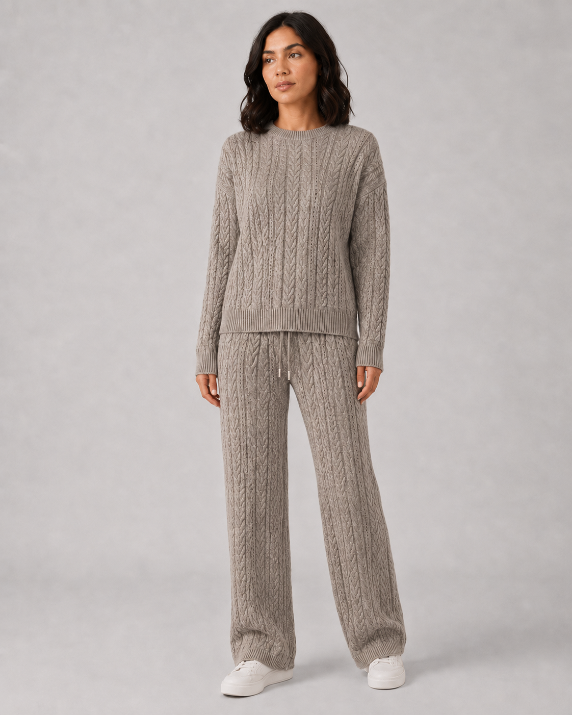 Damen Zopfmuster-Pullover aus Wolle mit Rundhalsausschnitt & Wide-Leg-Hose Lounge-Set — Warmer Winter-Trainingsanzug