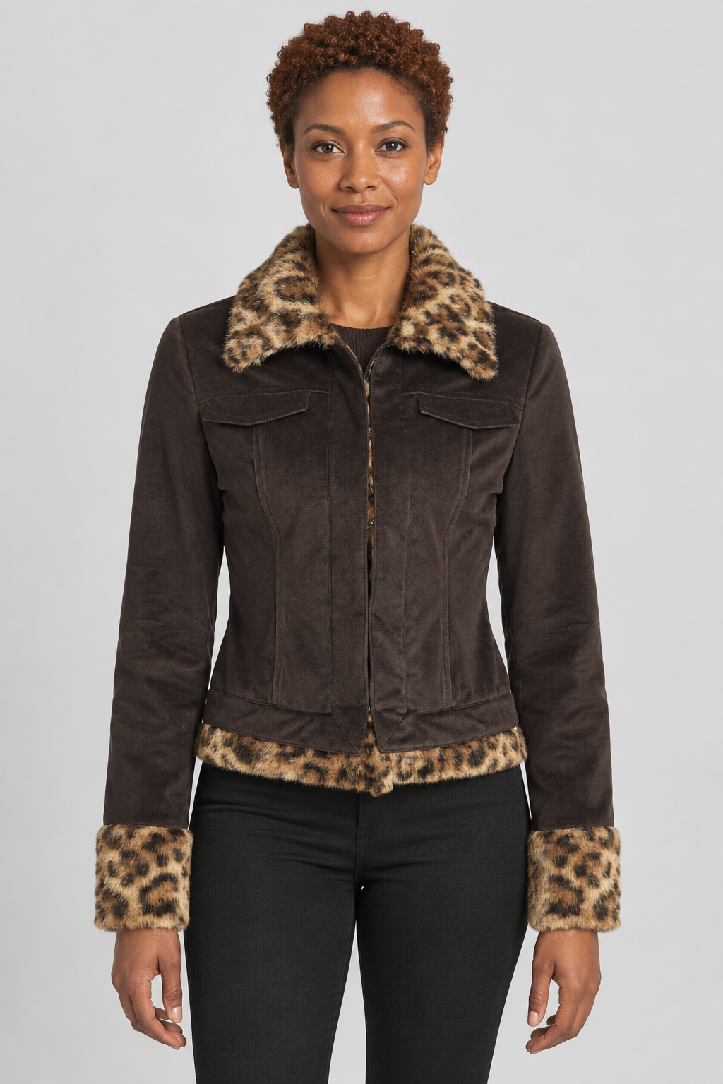 Leopard Print Faux Fur Trim Corduroy Jacket Vintage Y2K Zip-Front Fitted Coat Brown
