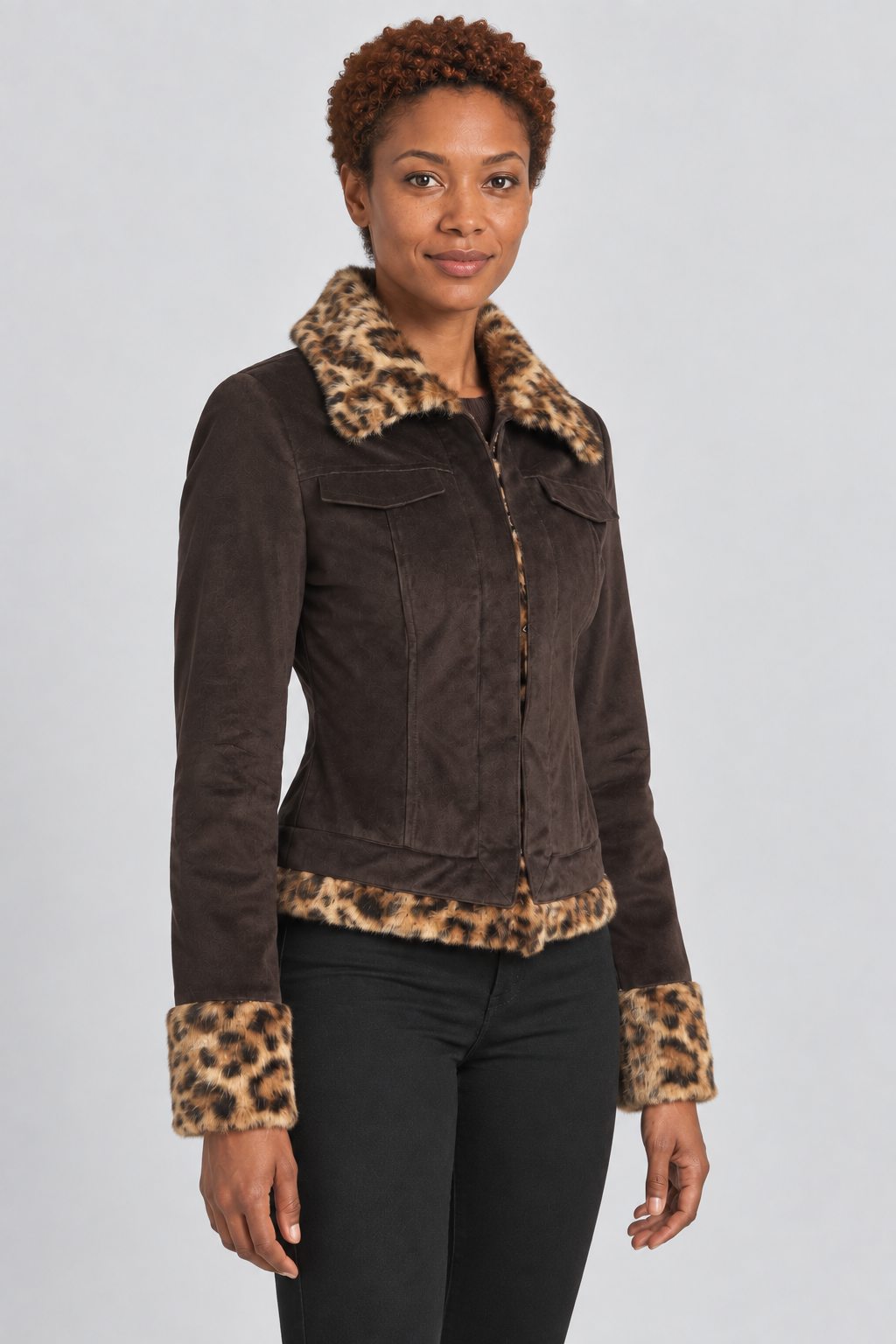 Leopard Print Faux Fur Trim Corduroy Jacket Vintage Y2K Zip-Front Fitted Coat Brown