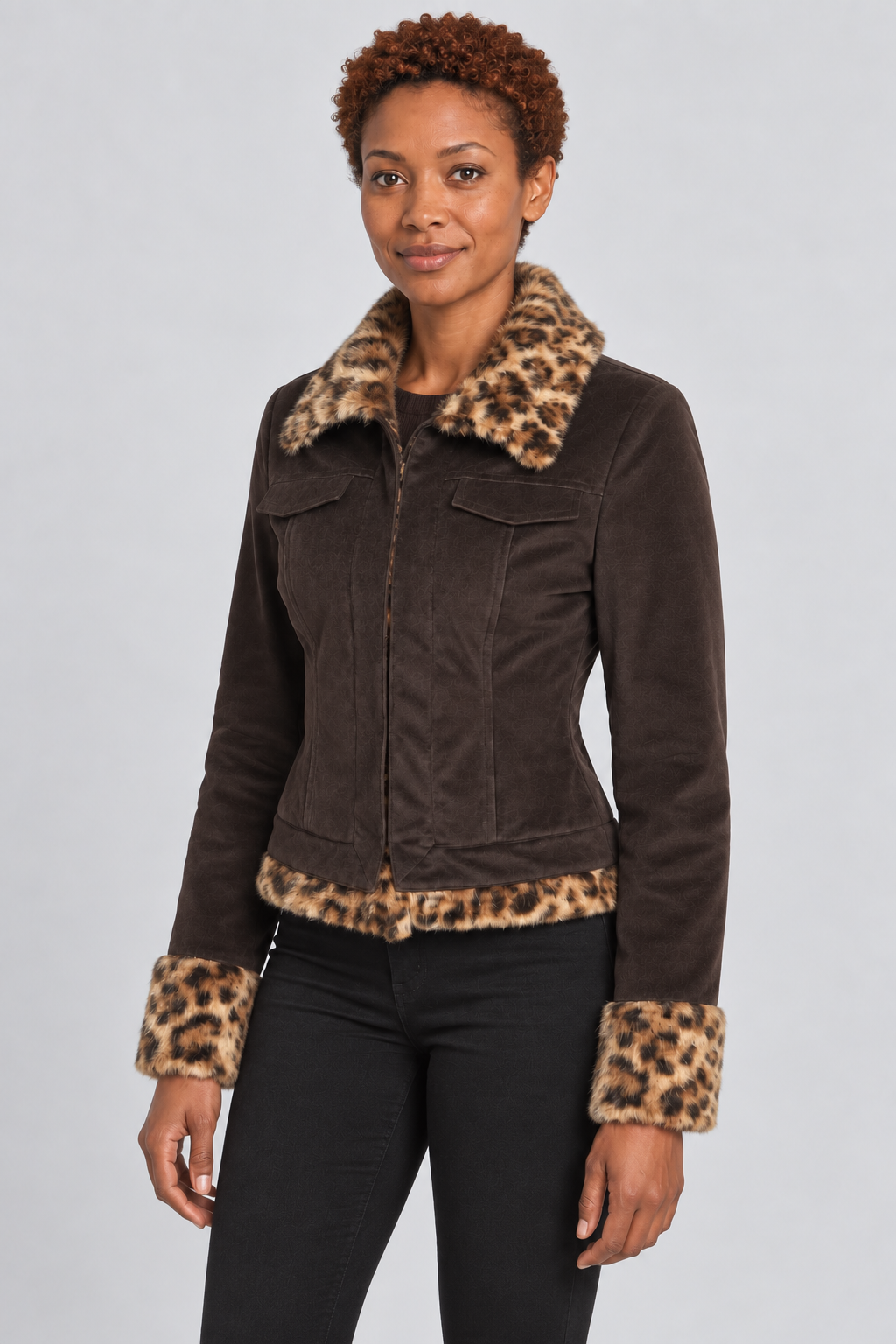 Leopard Print Faux Fur Trim Corduroy Jacket Vintage Y2K Zip-Front Fitted Coat Brown