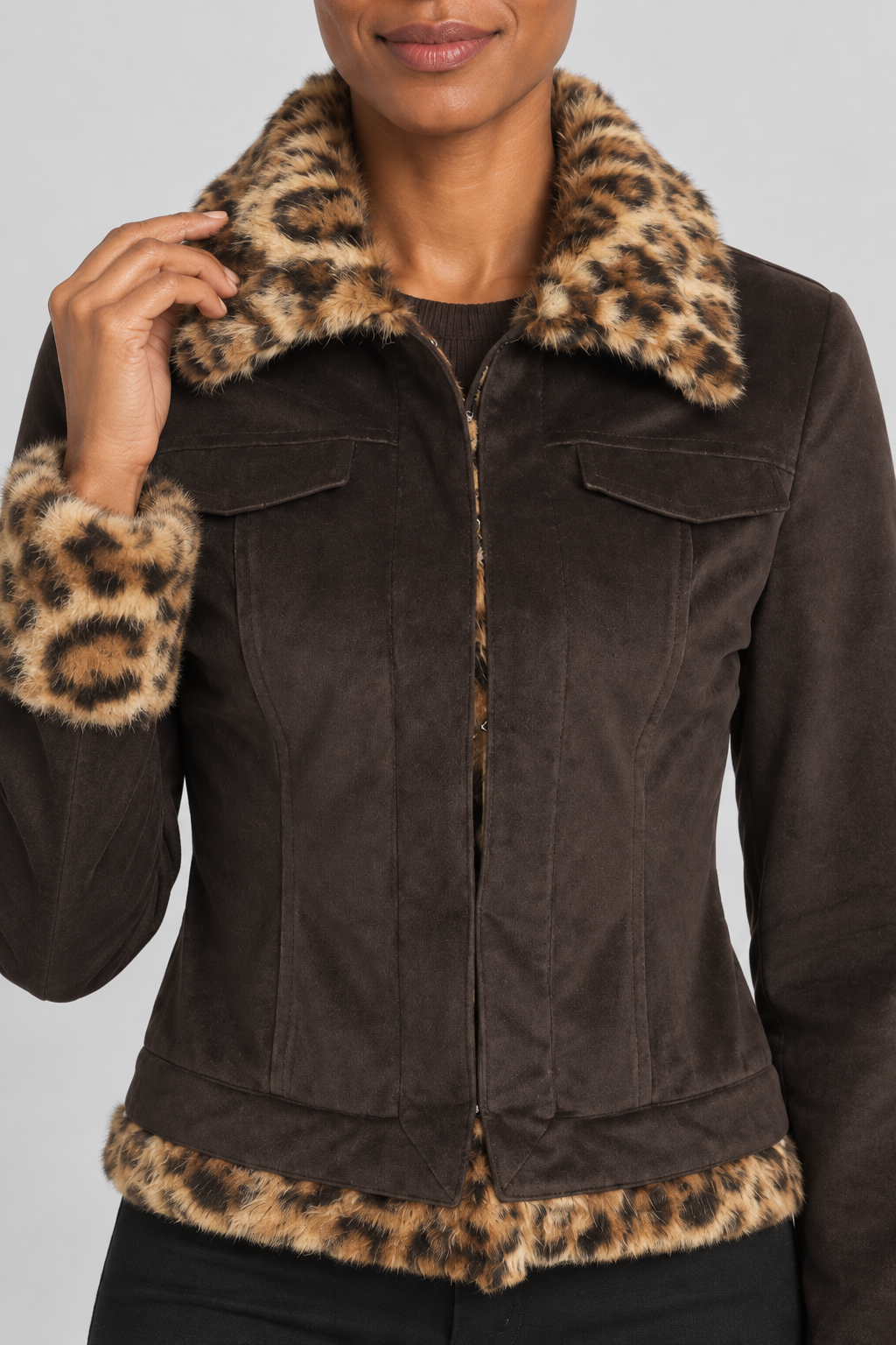 Leopard Print Faux Fur Trim Corduroy Jacket Vintage Y2K Zip-Front Fitted Coat Brown